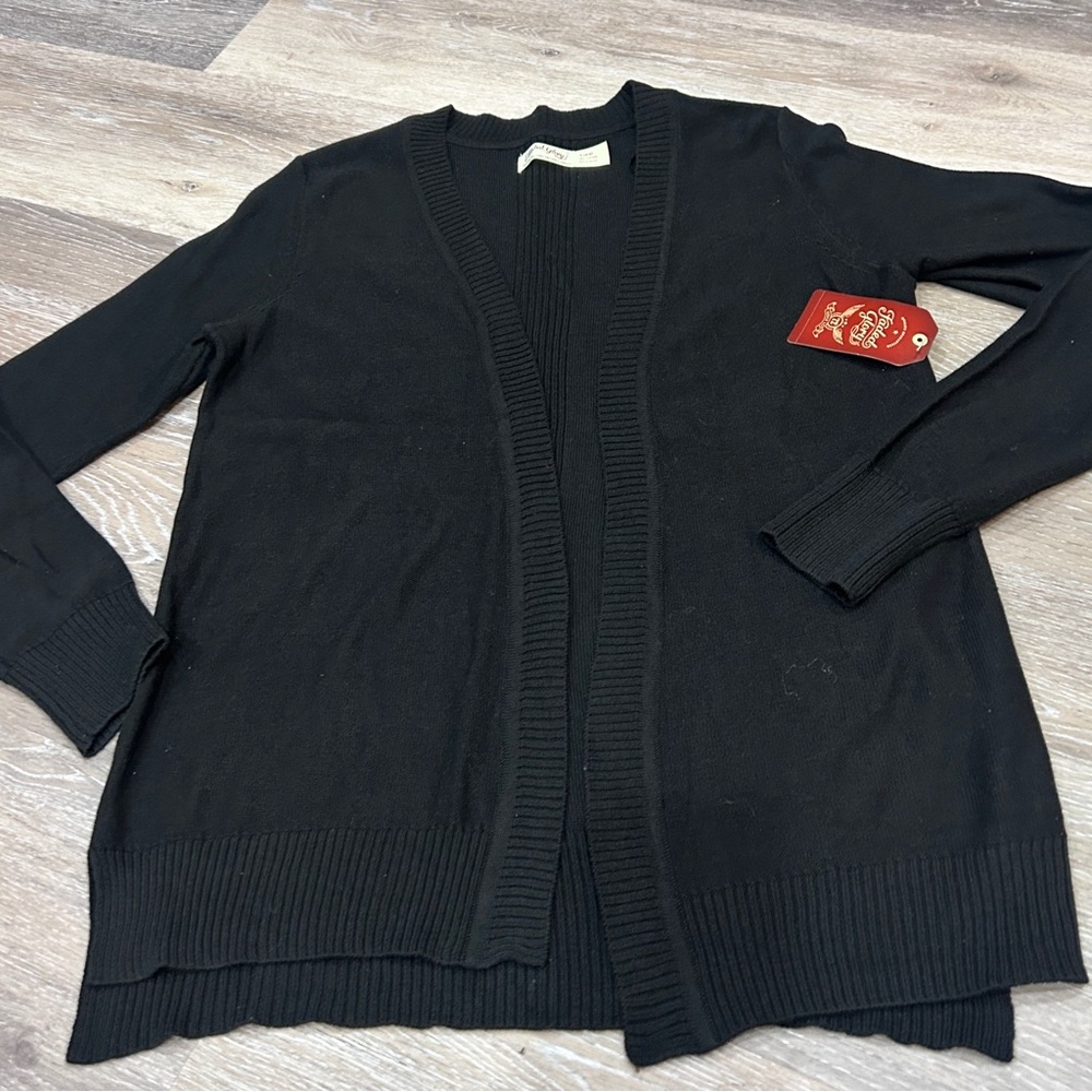 Faded Glory Black Ribbed Open Front Cardigan Sweater S (4-6) Cotton Blend NWT